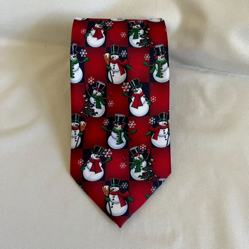 Yule Tie Greetings By Hallmark Snowman Pattern Mens Holiday Necktie Red & Green - Picture 4 of 4